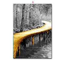 HKM-749011 Nordic Yellow Wooden Bridge Black and White Landscape Poster for Living Room Décor