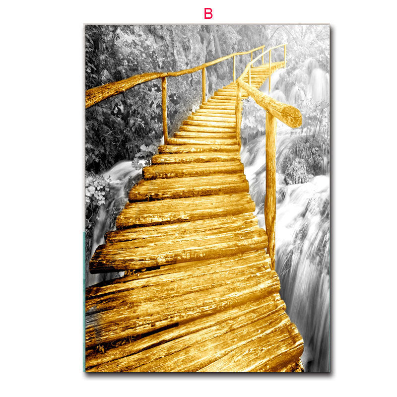 HKM-749011 Nordic Yellow Wooden Bridge Black and White Landscape Poster for Living Room Décor