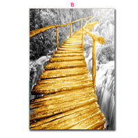 HKM-749011 Nordic Yellow Wooden Bridge Black and White Landscape Poster for Living Room Décor