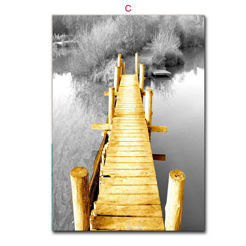 HKM-749011 Nordic Yellow Wooden Bridge Black and White Landscape Poster for Living Room Décor