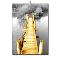 HKM-749011 Nordic Yellow Wooden Bridge Black and White Landscape Poster for Living Room Décor