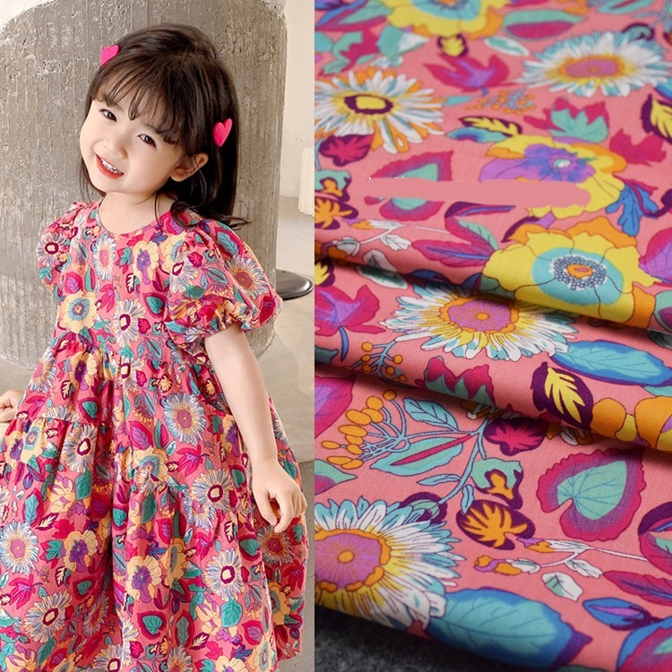 HKM-749843 Peach Pink Printed Mother-Daughter Skirt in 100% Cotton with Floral Design