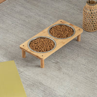 HKM-750035 Stainless Steel Pet Feeder with Bamboo Frame – Anti-Tumble Design for Cats and Dogs, 2 or 3 Bowls