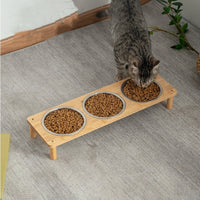 HKM-750035 Stainless Steel Pet Feeder with Bamboo Frame – Anti-Tumble Design for Cats and Dogs, 2 or 3 Bowls