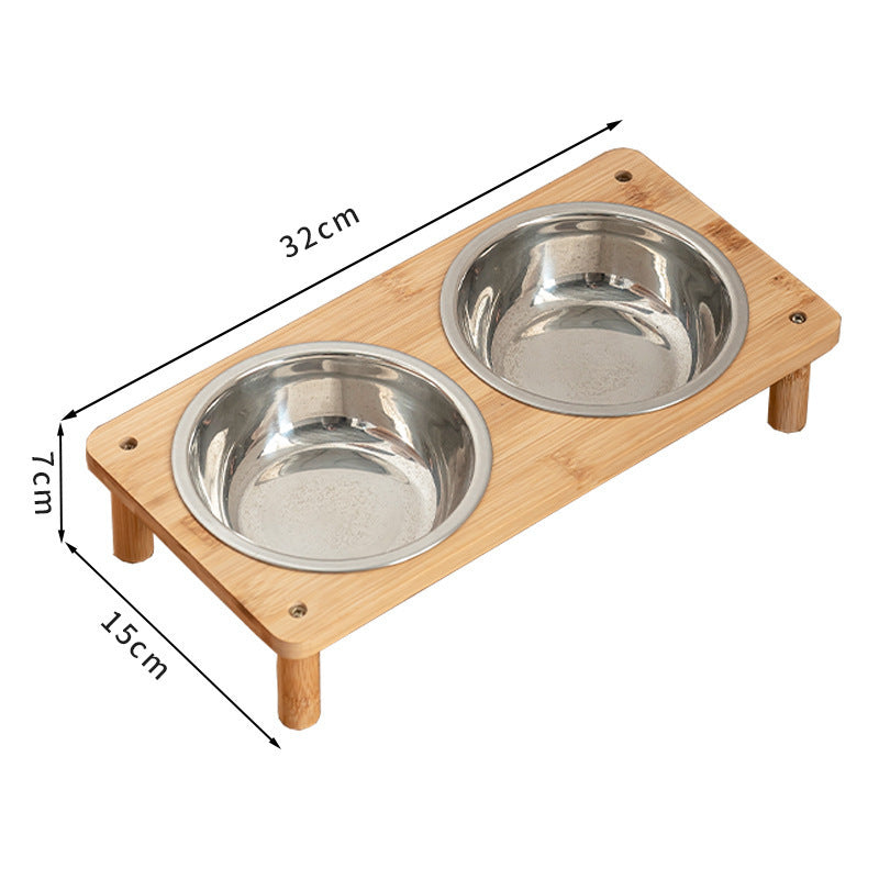 HKM-750035 Stainless Steel Pet Feeder with Bamboo Frame – Anti-Tumble Design for Cats and Dogs, 2 or 3 Bowls