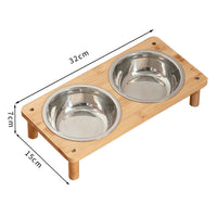 HKM-750035 Stainless Steel Pet Feeder with Bamboo Frame – Anti-Tumble Design for Cats and Dogs, 2 or 3 Bowls