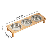 HKM-750035 Stainless Steel Pet Feeder with Bamboo Frame – Anti-Tumble Design for Cats and Dogs, 2 or 3 Bowls