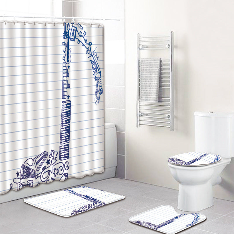 HKM-750995 Music Note Colorful Bathroom Carpet and Shower Curtain Set - Water-Absorbent Non-Slip Mat, 4-Piece Collection
