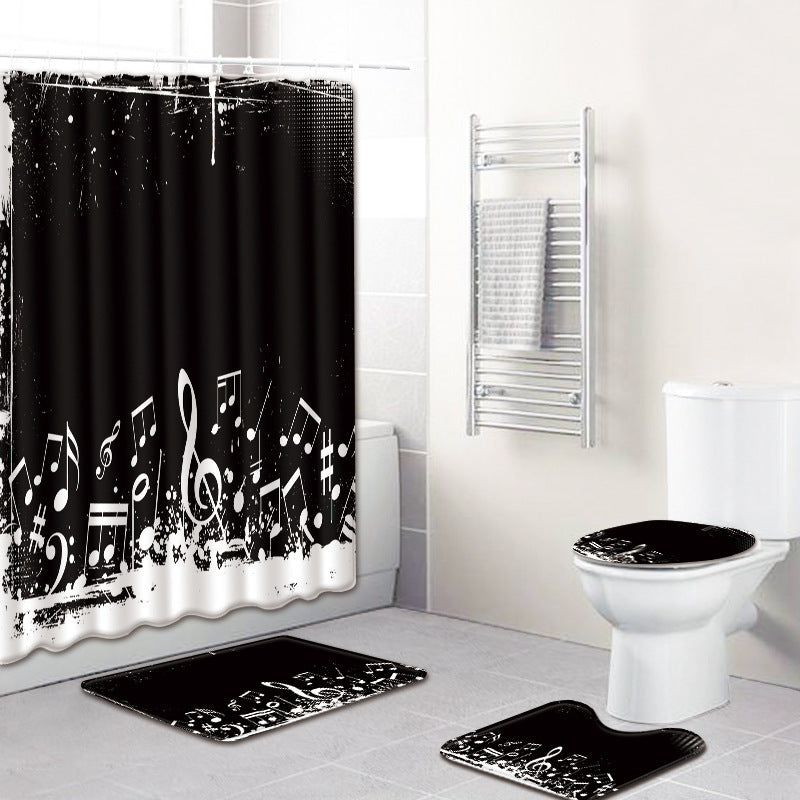 HKM-750995 Music Note Colorful Bathroom Carpet and Shower Curtain Set - Water-Absorbent Non-Slip Mat, 4-Piece Collection