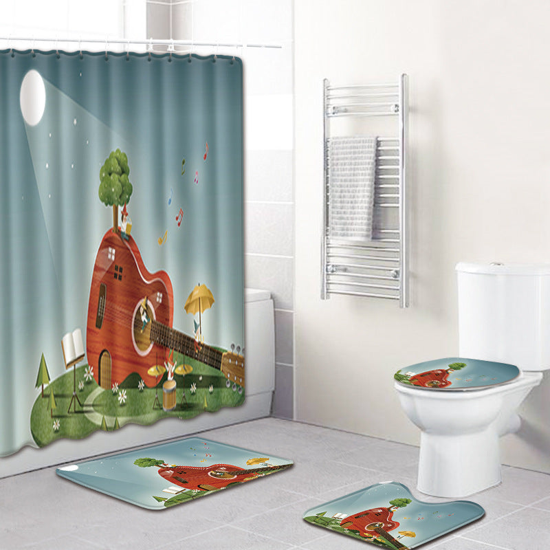 HKM-750995 Music Note Colorful Bathroom Carpet and Shower Curtain Set - Water-Absorbent Non-Slip Mat, 4-Piece Collection