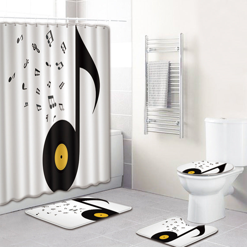 HKM-750995 Music Note Colorful Bathroom Carpet and Shower Curtain Set - Water-Absorbent Non-Slip Mat, 4-Piece Collection