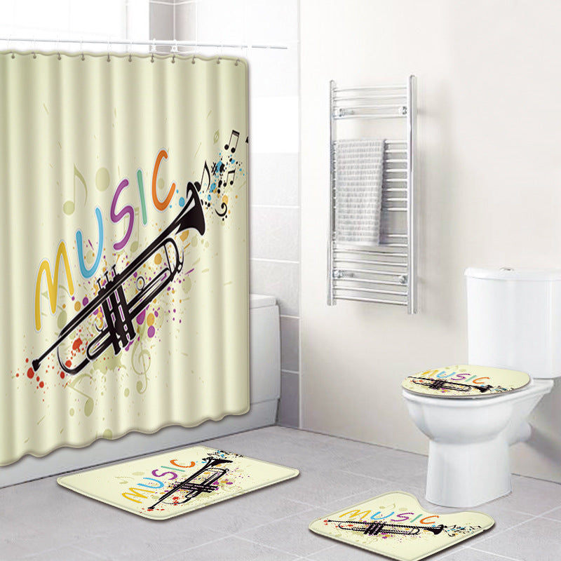 HKM-750995 Music Note Colorful Bathroom Carpet and Shower Curtain Set - Water-Absorbent Non-Slip Mat, 4-Piece Collection