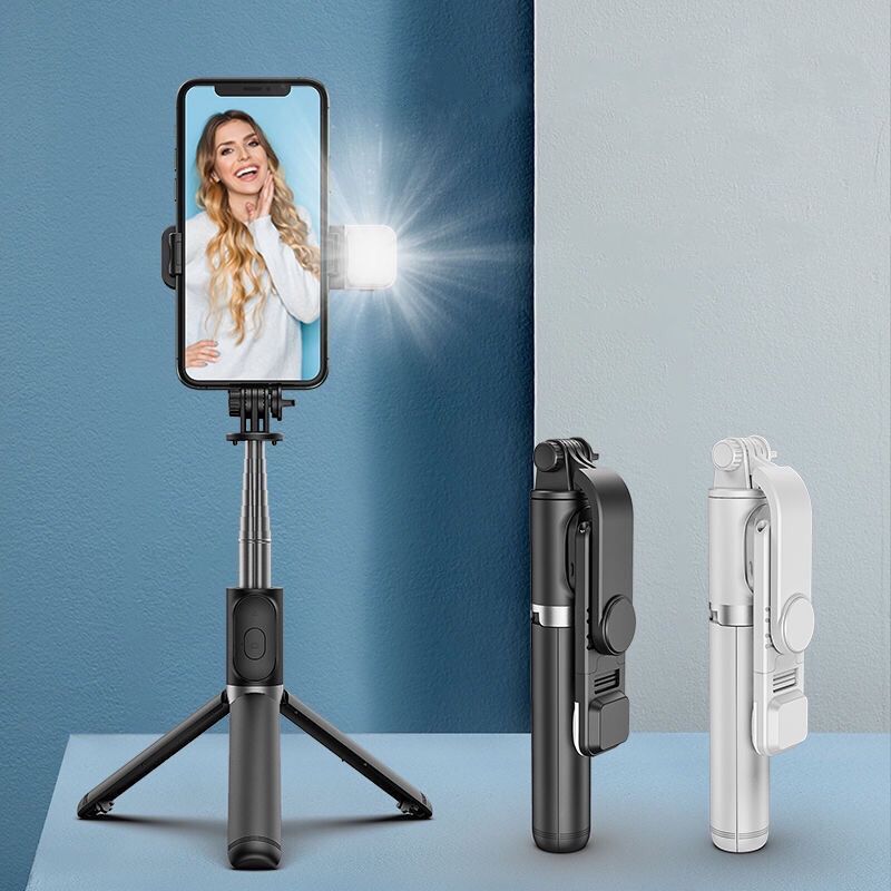 HKM-751379 Portable Bluetooth Selfie Stick with Tripod and Fill Light, compatible with iPhone Models, Adjustable Length 103-104 cm