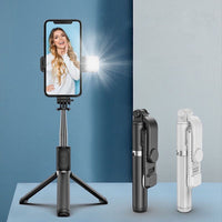 HKM-751379 Portable Bluetooth Selfie Stick with Tripod and Fill Light, compatible with iPhone Models, Adjustable Length 103-104 cm