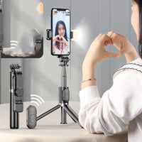 HKM-751379 Portable Bluetooth Selfie Stick with Tripod and Fill Light, compatible with iPhone Models, Adjustable Length 103-104 cm