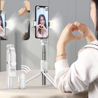 HKM-751379 Portable Bluetooth Selfie Stick with Tripod and Fill Light, compatible with iPhone Models, Adjustable Length 103-104 cm