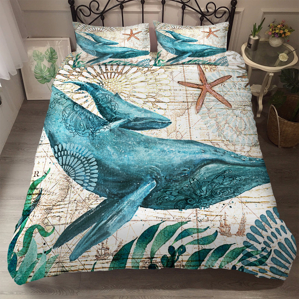 HKM-751635 Marine Animal 3-Piece Bedding Set - Duvet Cover & Pillowcases in Polyester Fabric, Multiple Sizes Available