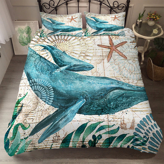 HKM-751635 Marine Animal 3-Piece Bedding Set - Duvet Cover & Pillowcases in Polyester Fabric, Multiple Sizes Available