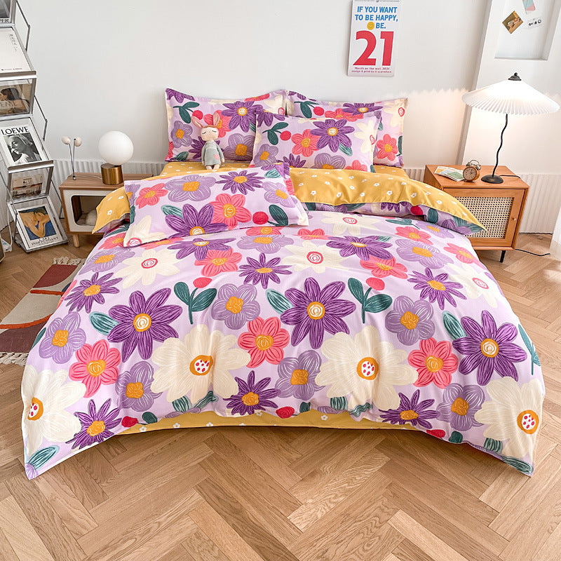 HKM-752147 Cotton Four-Piece Student Dormitory Fitted Sheet Set with Floral and Plant Patterns