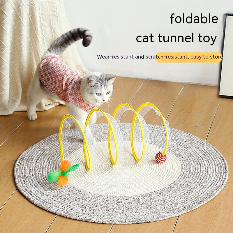 HKM-752147 Interactive Cat Tunnel with Spring Mouse and Sisal Ball - Elastic, Collapsible Design for Kittens and Cats