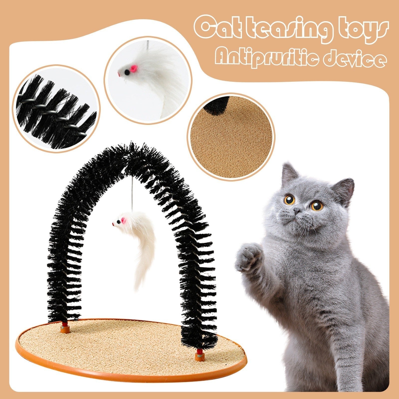 HKM-753491 Multi-Functional Cat Grooming and Scratch Post with Plush Mouse Toy