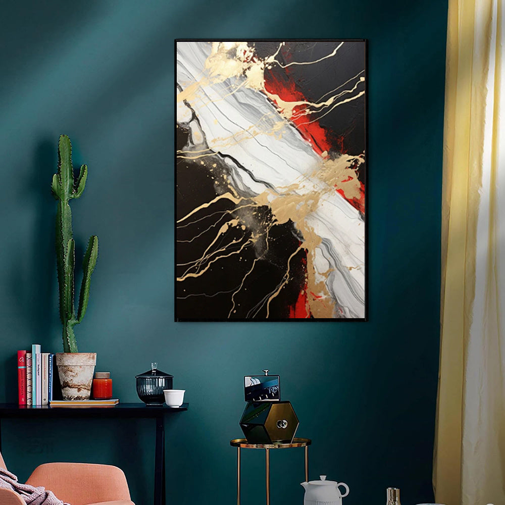 HKM-753555 Abstract Handmade Oil Painting in Gold, Black, and Red – Vertical Canvas Wall Art for Contemporary Home Decor