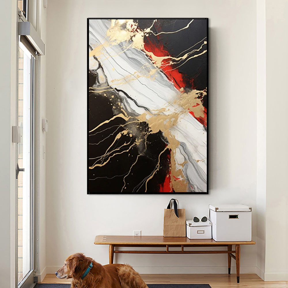 HKM-753555 Abstract Handmade Oil Painting in Gold, Black, and Red – Vertical Canvas Wall Art for Contemporary Home Decor
