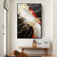 HKM-753555 Abstract Handmade Oil Painting in Gold, Black, and Red – Vertical Canvas Wall Art for Contemporary Home Decor