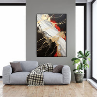 HKM-753555 Abstract Handmade Oil Painting in Gold, Black, and Red – Vertical Canvas Wall Art for Contemporary Home Decor