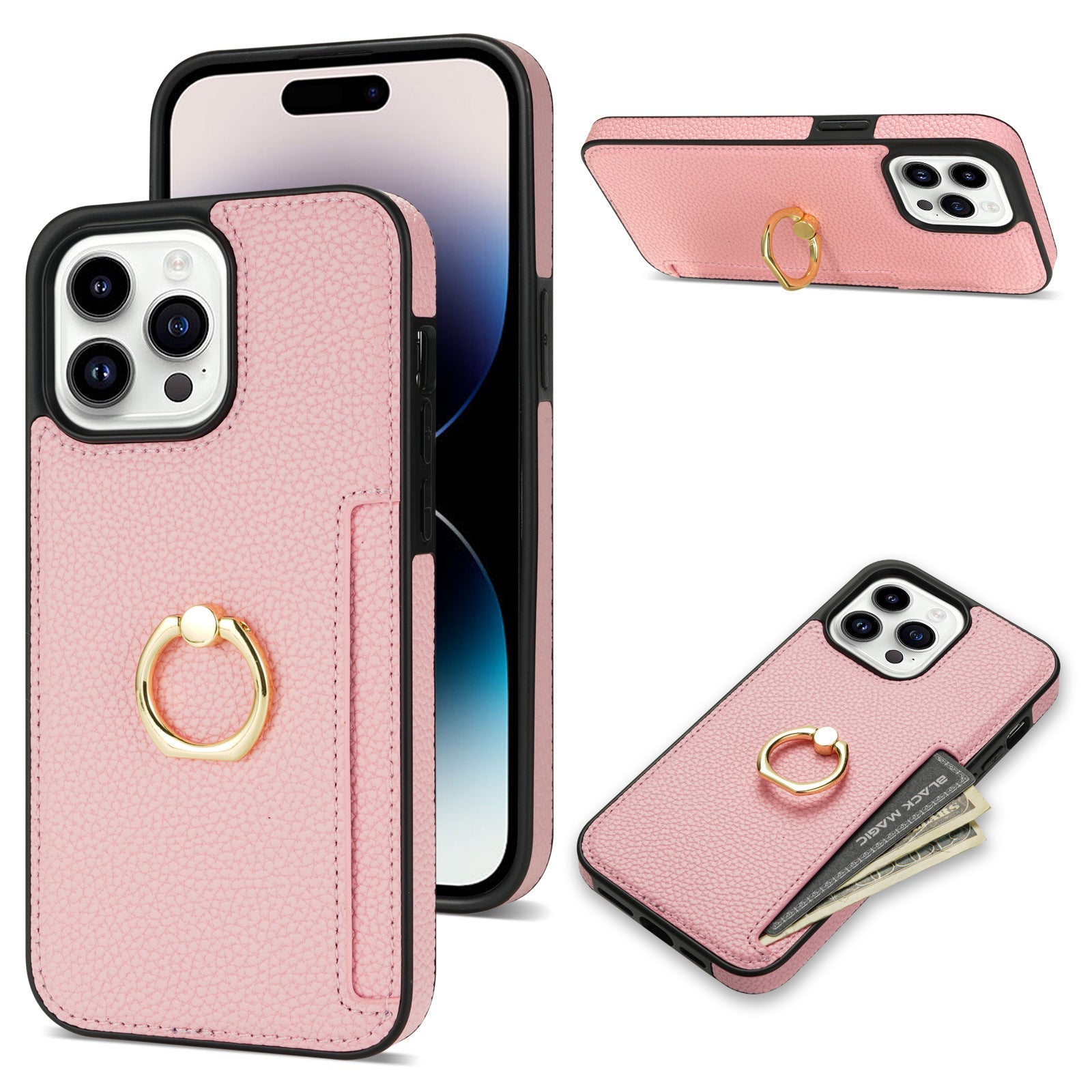 HKM-753555 Litchi Pattern Anti-Fall Ring Bracket Card Wallet Case for iPhone 14 Series