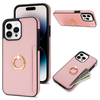 HKM-753555 Litchi Pattern Anti-Fall Ring Bracket Card Wallet Case for iPhone 14 Series