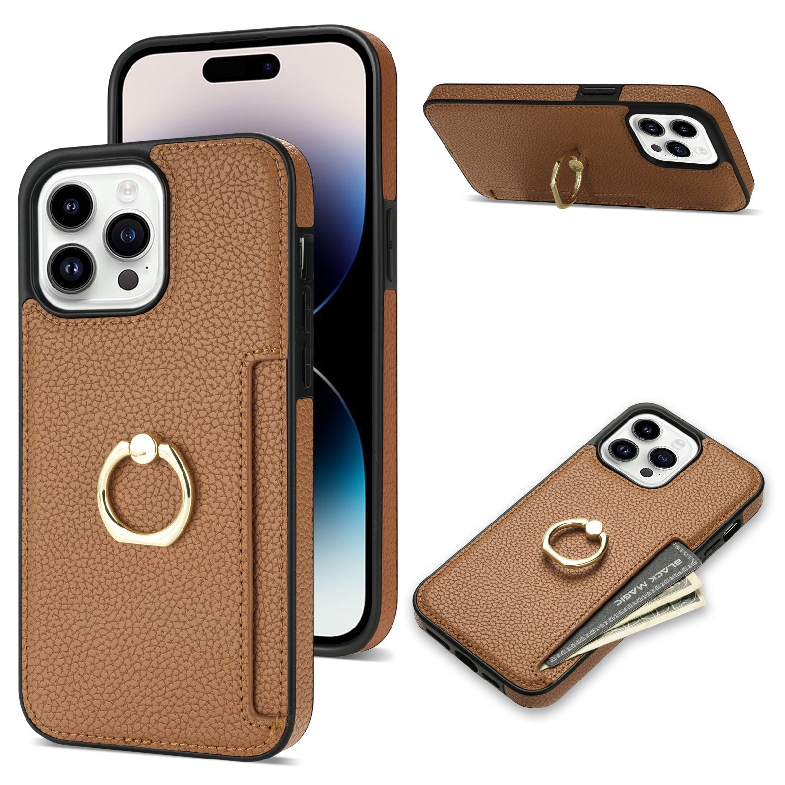 HKM-753555 Litchi Pattern Anti-Fall Ring Bracket Card Wallet Case for iPhone 14 Series