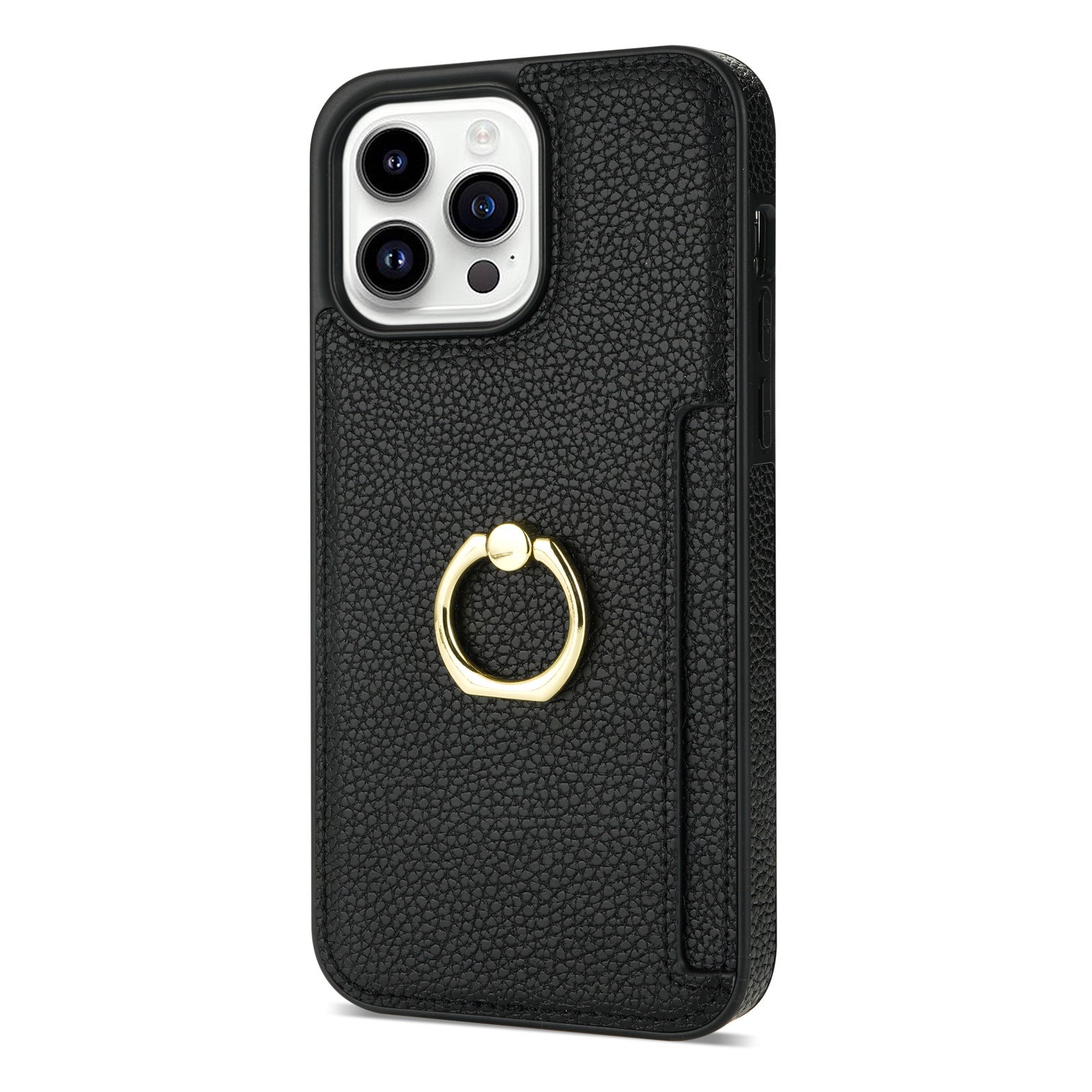 HKM-753555 Litchi Pattern Anti-Fall Ring Bracket Card Wallet Case for iPhone 14 Series