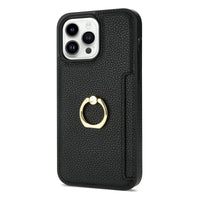 HKM-753555 Litchi Pattern Anti-Fall Ring Bracket Card Wallet Case for iPhone 14 Series