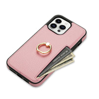 HKM-753555 Litchi Pattern Anti-Fall Ring Bracket Card Wallet Case for iPhone 14 Series