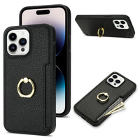 HKM-753555 Litchi Pattern Anti-Fall Ring Bracket Card Wallet Case for iPhone 14 Series