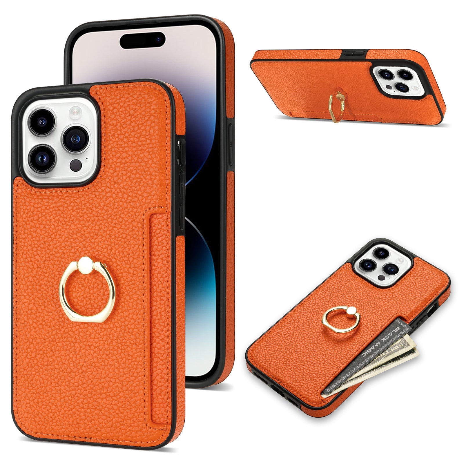 HKM-753555 Litchi Pattern Anti-Fall Ring Bracket Card Wallet Case for iPhone 14 Series