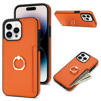 HKM-753555 Litchi Pattern Anti-Fall Ring Bracket Card Wallet Case for iPhone 14 Series