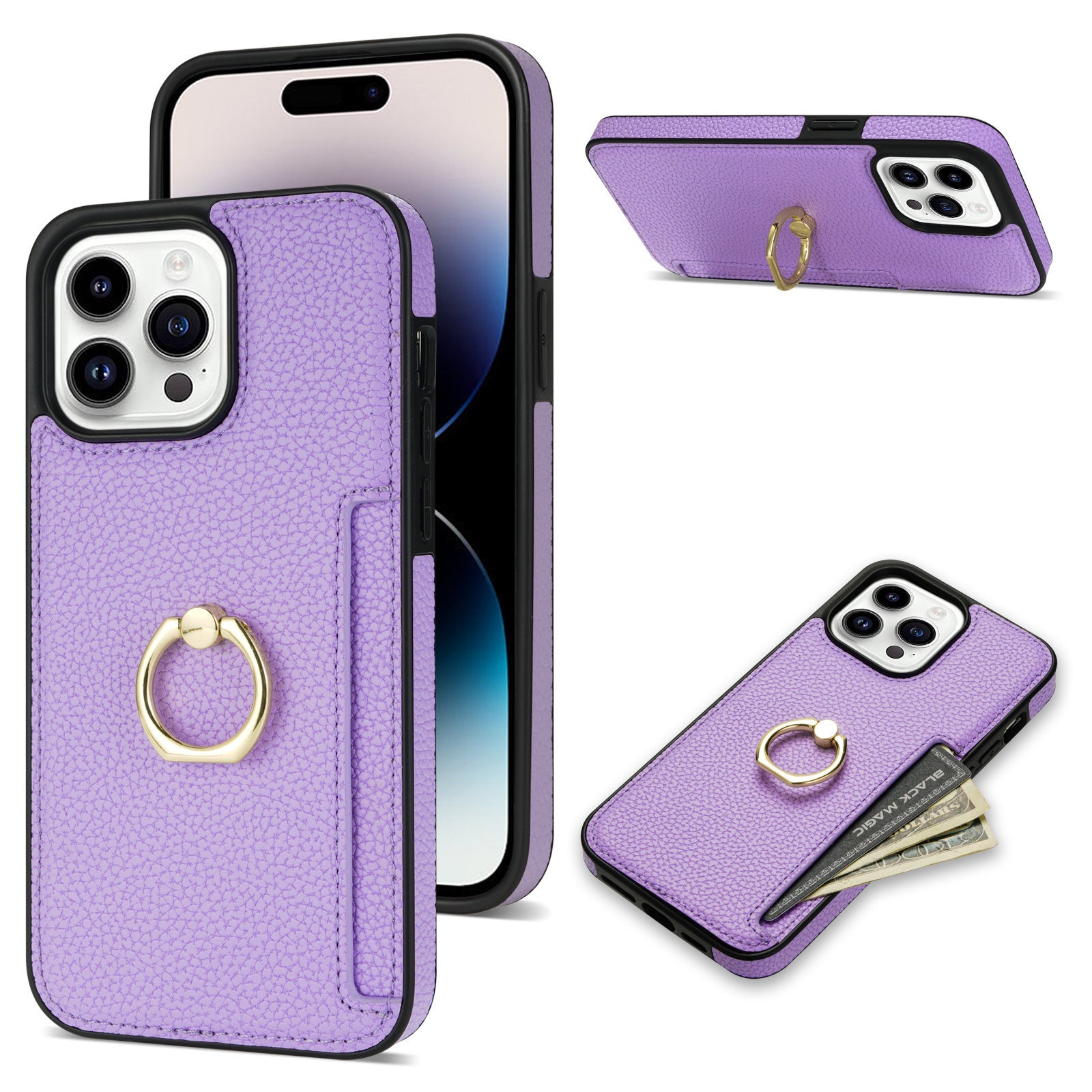 HKM-753555 Litchi Pattern Anti-Fall Ring Bracket Card Wallet Case for iPhone 14 Series