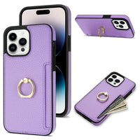 HKM-753555 Litchi Pattern Anti-Fall Ring Bracket Card Wallet Case for iPhone 14 Series