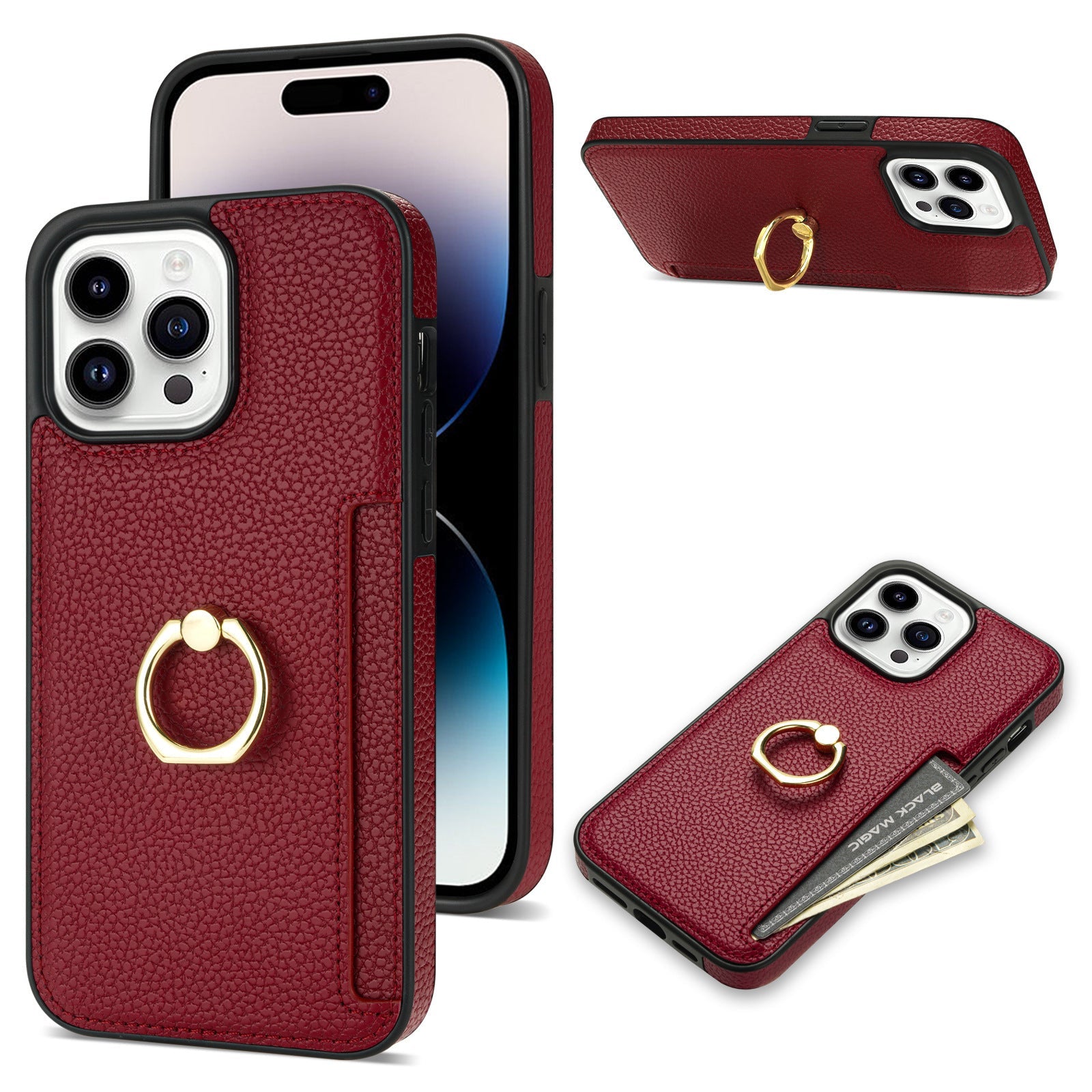 HKM-753555 Litchi Pattern Anti-Fall Ring Bracket Card Wallet Case for iPhone 14 Series