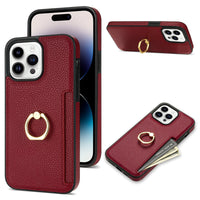 HKM-753555 Litchi Pattern Anti-Fall Ring Bracket Card Wallet Case for iPhone 14 Series