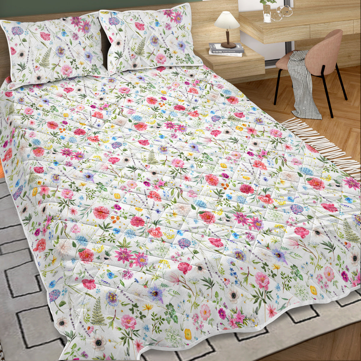 HKM-753619 Lightweight Red Floral 3-Piece Microfiber Quilt Set for All Seasons in Twin, Full, Queen, King Sizes