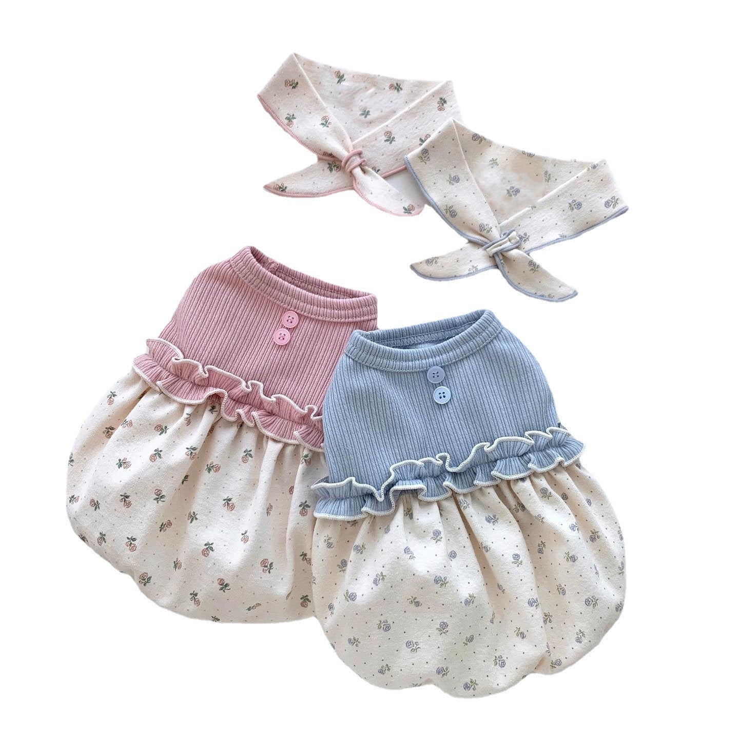 HKM-753875 Floral Bubble Skirt and Matching Scarf Vest Set for Pets in Pink and Blue