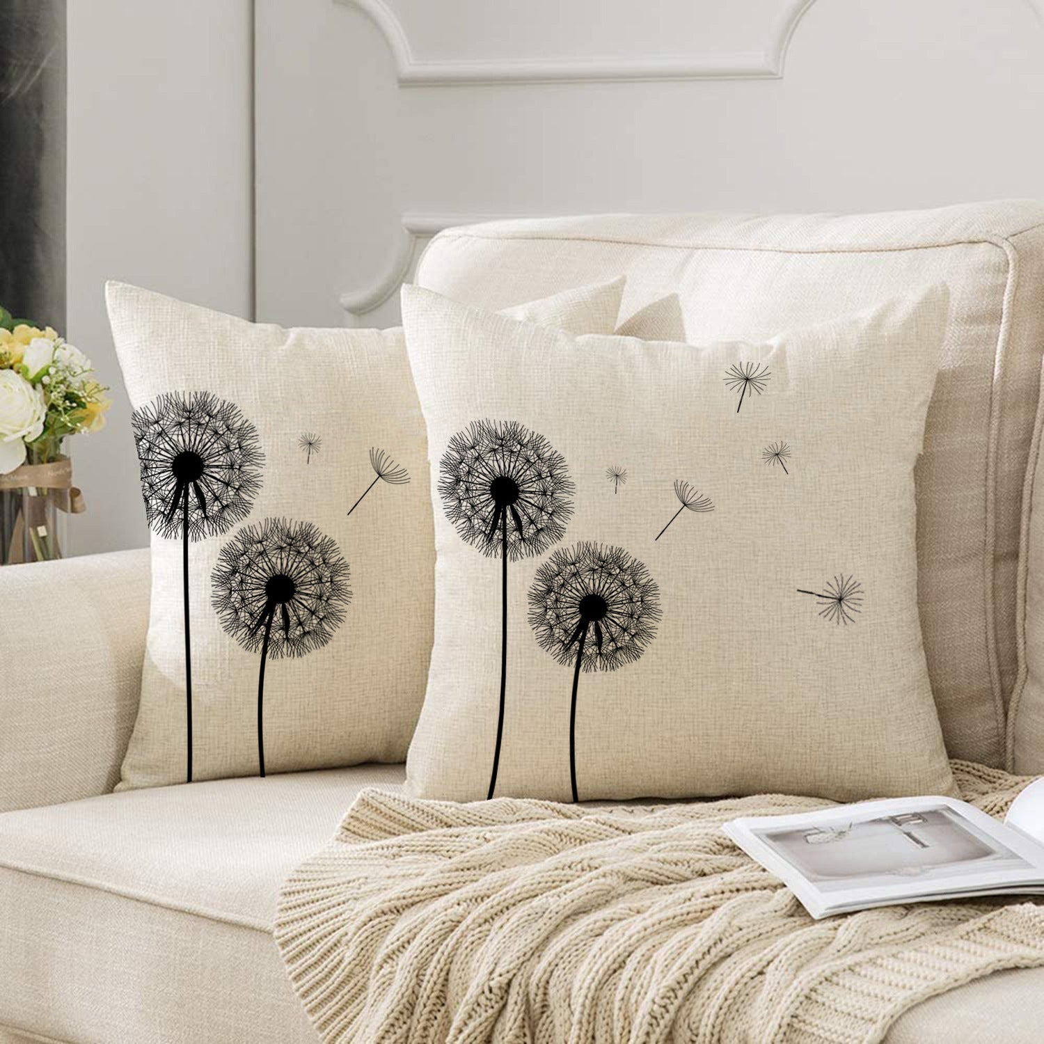 HKM-754771 Dandelion Print Linen Pillow Cover, 45x45cm Modern Decorative Cushion for Sofa and Bedroom