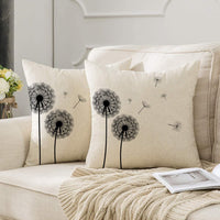 HKM-754771 Dandelion Print Linen Pillow Cover, 45x45cm Modern Decorative Cushion for Sofa and Bedroom