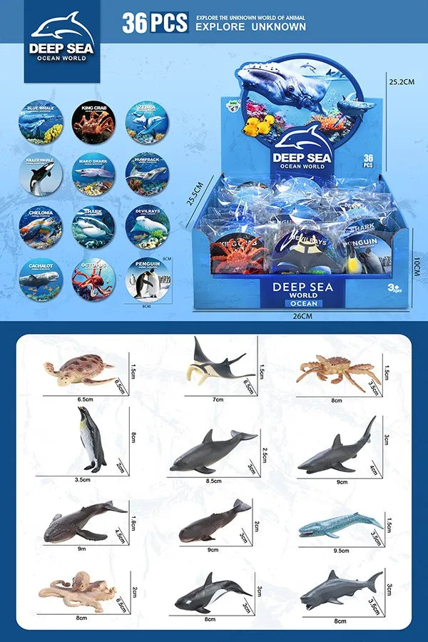 HKM-755411 Assorted Mini Plastic Ocean Animals Figures - 36Pcs Sea Creatures Toy Set for Ages 4 and Up