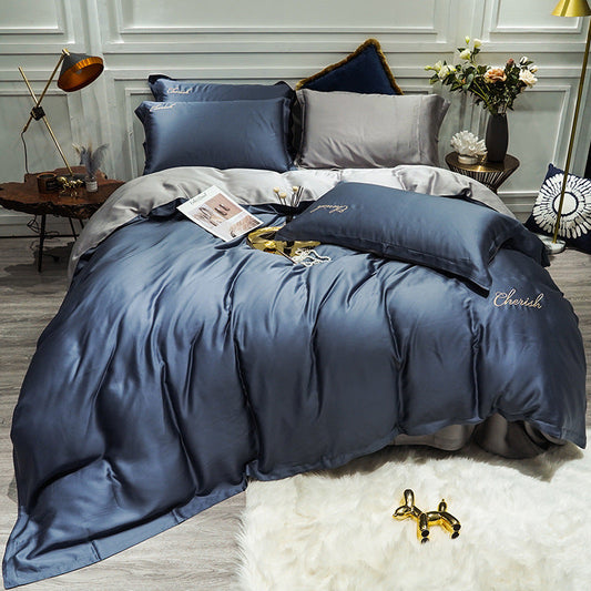 HKM-757907 Solid Color Tencel Bedding Set – 4-Piece Quilted Comforter, Bed Sheet & Pillowcase for 1.5-2m Beds