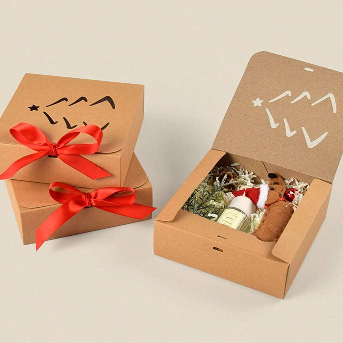 HKM-758035 10-Pack Kraft Paper Christmas Gift Boxes with Lids and Ribbon – Perfect for Holiday Party Favors