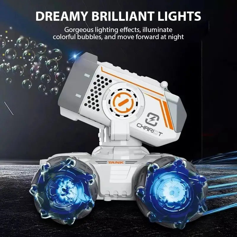 HKM-758483 2.4G Bubble Machine Stunt Remote Control Tank Car for Kids - Light and Music Features, Electric Operated, Fun Indoor and Outdoor Toy